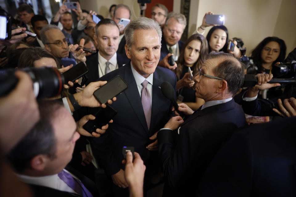 Speaker of the House Kevin McCarthy (R-CA) is surrounded by staff, security and journalists as he walks to the House Chamber ahead of a vote at the U.S. Capitol on October 03, 2023 in Washington, DC.  / Credit: Chip Somodevilla / Getty Images