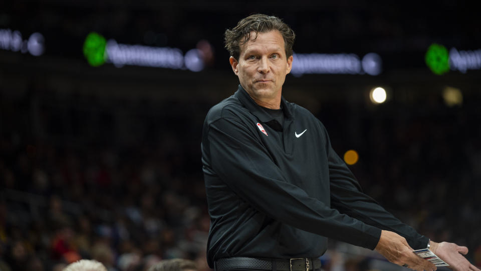 Atlanta Hawks head coach Quin Snyder reacts after non-foul call during the first half of an NBA basketball game against the Golden State Warriors, Friday, March 17, 2023, in Atlanta. (AP Photo/Hakim Wright Sr.)