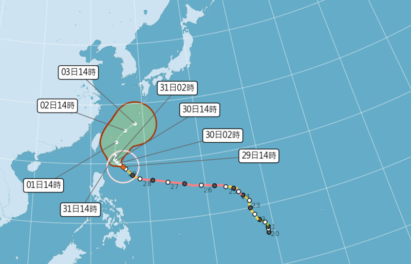 中央氣象局說明，中度颱風「瑪娃」路徑潛勢圖。（中央氣象局提供）