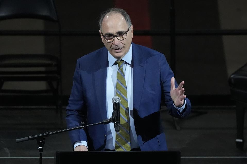 David Axelrod speaks during a memorial service for former U.S. Sen. Herb Kohl, Friday, Jan. 12, 2024, at the Fiserv Forum in Milwaukee. (AP Photo/Morry Gash)