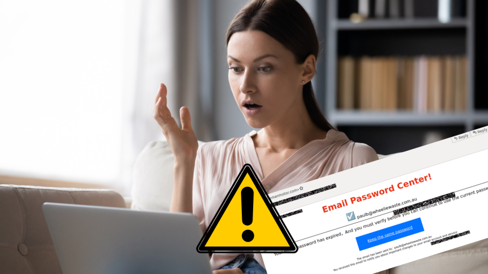 Image of woman looking surprised at her laptop with screenshot of fake email password expiry scam