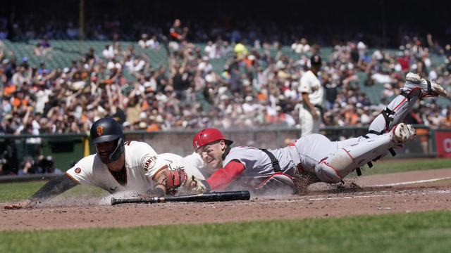St. Louis Cardinals catcher Andrew Knizner, right, tags out San Francisco Giants' David Villar at home during the fifth inning of a baseball game in San Francisco, Thursday, April 27, 2023. (AP Photo/Jeff Chiu)