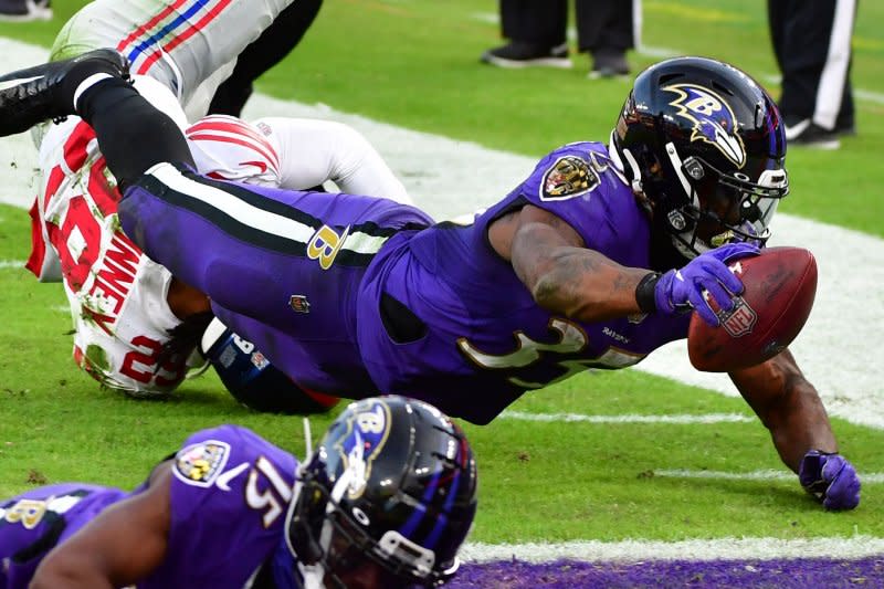 Baltimore Ravens running back Gus Edwards eclipsed 64 rushing yards in just one game so far this season. File Photo by David Tulis/UPI