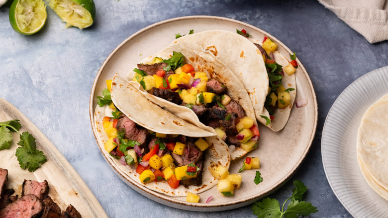 Jamaican beef and mango tacos