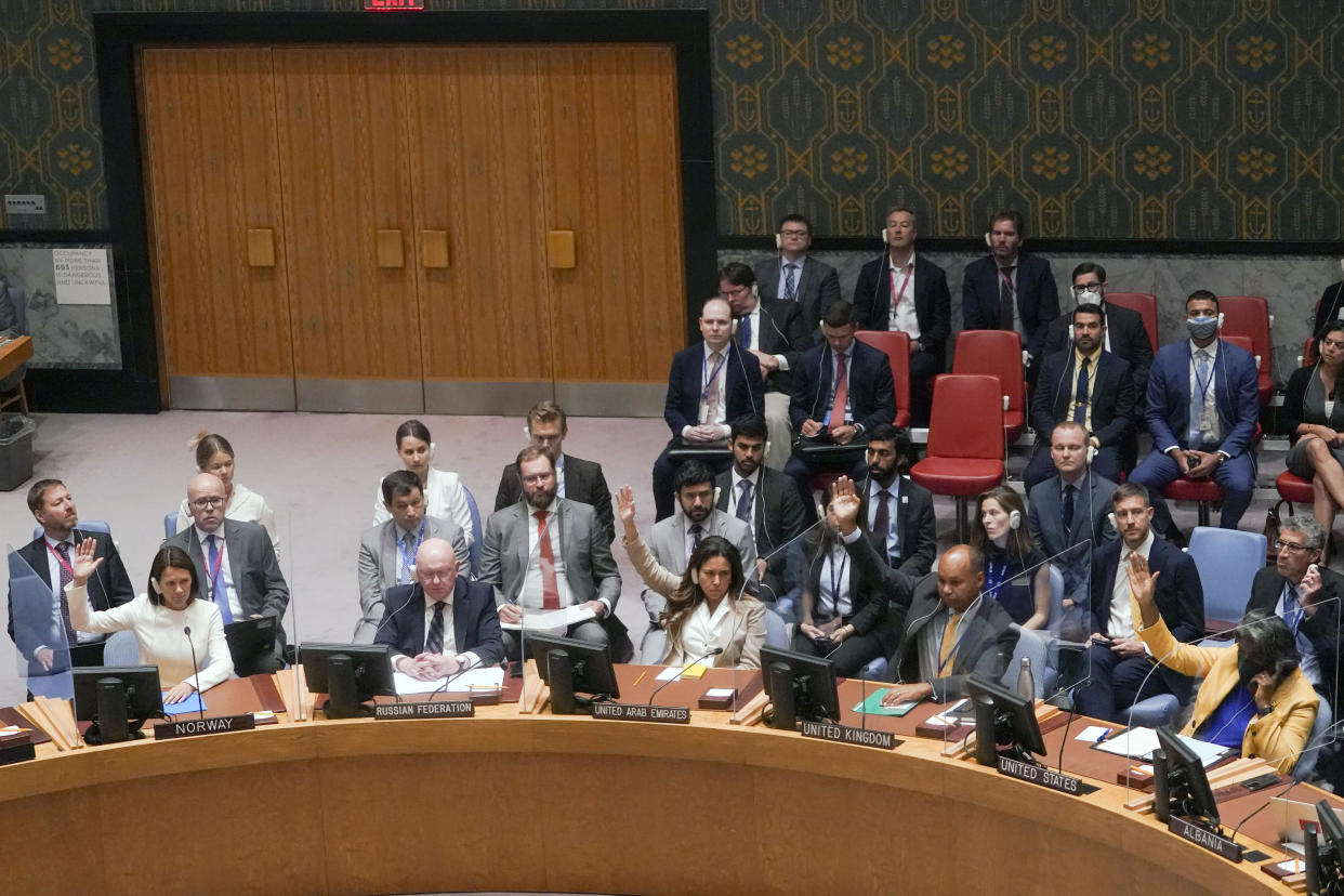 FILE - Members of the United Nations Security Council conduct a procedural vote on whether to allow Ukrainian President Volodymyr Zelenskyy to address the meeting on threats to international peace and security via video link, Aug. 24, 2022, at United Nations headquarters. Ukrainians are once again anxious and alarmed about the fate of a nuclear power plant in a land that was home to the world’s worst atomic accident in 1986 at Chernobyl. The Zaporizhzhia nuclear plant, Europe’s largest, has been occupied by Russian forces since early in the war, and continued fighting nearby has heightened fears of a catastrophe that could affect nearby towns in southern Ukraine or beyond. (AP Photo/Mary Altaffer, File)