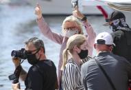 Tampa Mayor Jane Castor gives a thumbs up just prior to a boat parade to celebrate the Tampa Bay Buccaneers NFL football Super Bowl 55 victory over the Kansas City Chiefs in Tampa, Fla., Wednesday, Feb. 10, 2021. (Dirk Shadd/Tampa Bay Times via AP)