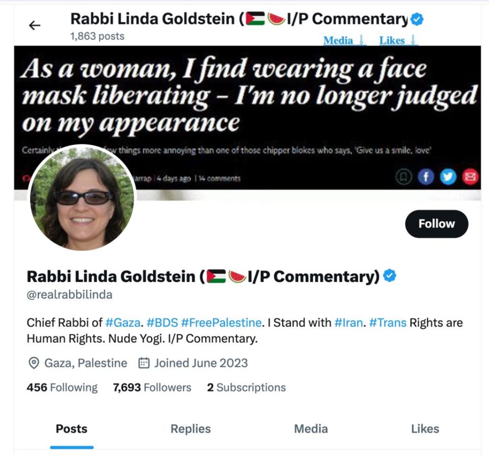 “Rabbi Linda Goldstein” ridiculously pretends to be the “Chief Rabbi of Gaza” X @realrabbilinda