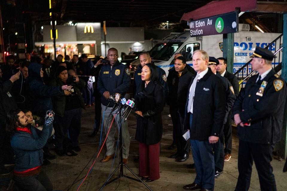 NYPD’s Tanya Kinsella speaks to the media after the shooting (AP)