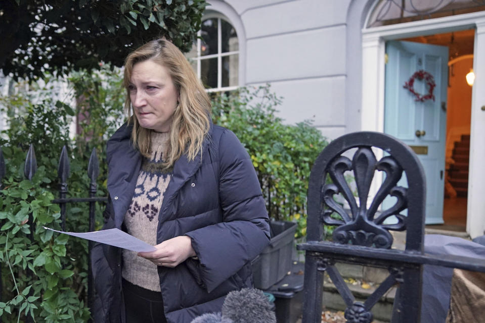 Allegra Stratton speaks outside her home in north London, Wednesday, Dec. 8, 2021. British Prime Minister Boris Johnson has apologized and ordered an inquiry after a leaked video showed senior members of his staff joking about holding a lockdown-breaching Christmas party. The video has poured fuel on allegations that government officials flouted coronavirus rules they imposed on everyone else. The video, recorded on Dec. 22, 2020 and aired late Tuesday by broadcaster ITV, shows then-press secretary Allegra Stratton appearing to joke about an illicit party at the prime minister's Downing Street office. (Jonathan Brady/PA via AP)