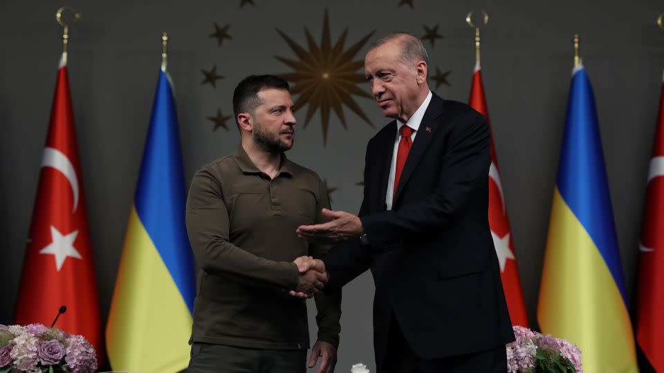 President Erdogan, seen here with Ukraine's President Zelensky on July 8, 2023, has painted himself as the key negotiator between the West and Russia. - Ozan Guzelce/dia images/Getty Images