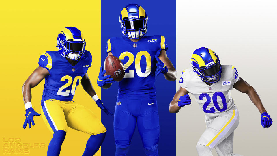 This undated graphic image released by the Los Angeles Rams NFL football team shows a composite of their new uniforms - two versions of 'royal,' from left, and 'bone' at right. The Rams have unveiled new uniforms ahead of their move into SoFi Stadium this year. (Los Angeles Rams via AP)