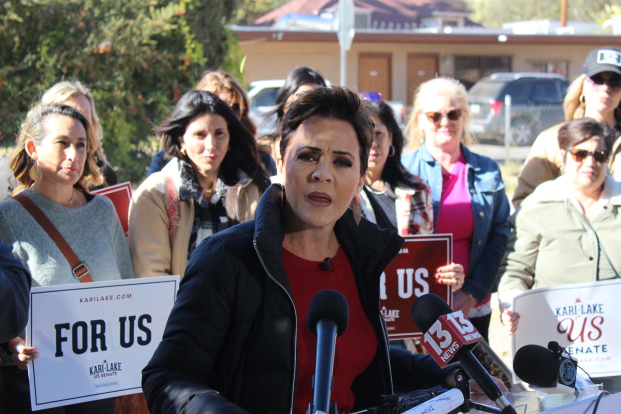 Republican Senate candidate Kari Lake and Nogales Mayor Jorge Maldonado speak at Lake's “Mama Bear Border Tour" in Nogales on Nov. 21, 2023.