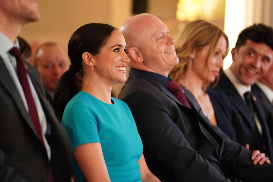 Britain's Meghan (L), Duchess of Sussex attends the Endeavour Fund Awards at Mansion House in London on March 5, 2020. - The Endeavour Fund helps servicemen and women have the opportunity to rediscover their self-belief and fighting spirit through physical challenges. (Photo by Paul Edwards / POOL / AFP) (Photo by PAUL EDWARDS/POOL/AFP via Getty Images)