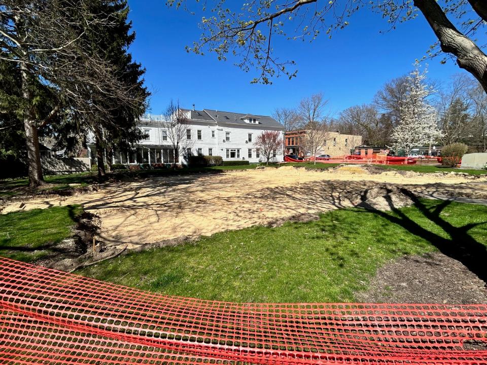 A view of the footprint for the new Village Square Park located in Saugatuck next to the Maplewood Hotel.