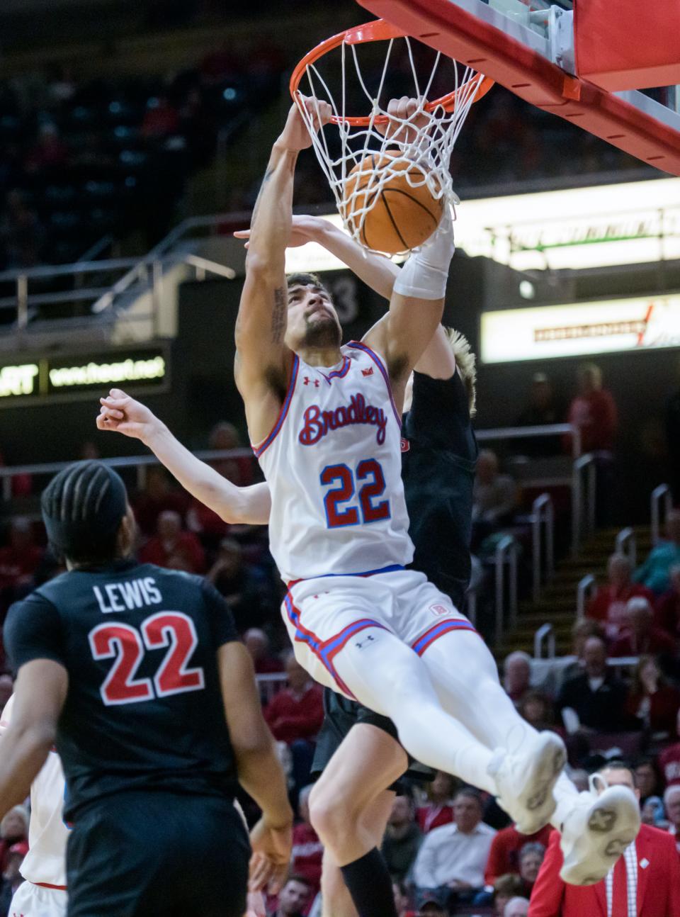 Bradley's Ja'Shon Henry dunks on the Illinois State defense in the second half Wednesday, Jan. 25, 2023 at Carver Arena. The Braves downed the Redbirds 79-75 in overtime.