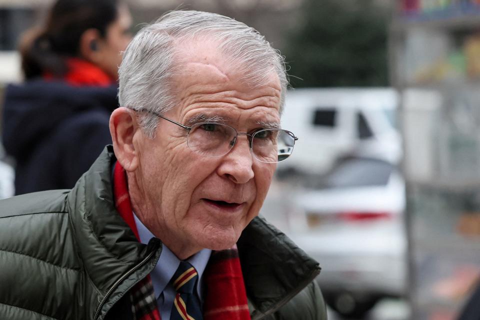 Oliver North arriving at the NRA civil corruption trial in New York.