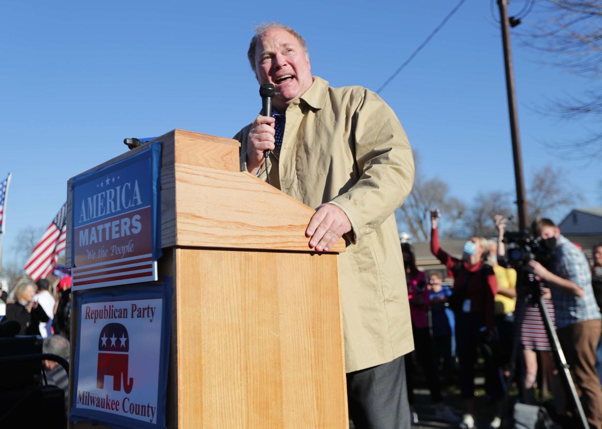 Michael Gableman, formerly a justice of the Wisconsin Supreme Court, speaks at a rally Nov. 7, for President Donald Trump at American Serb Hall on West Oklahoma Avenue in Milwaukee.