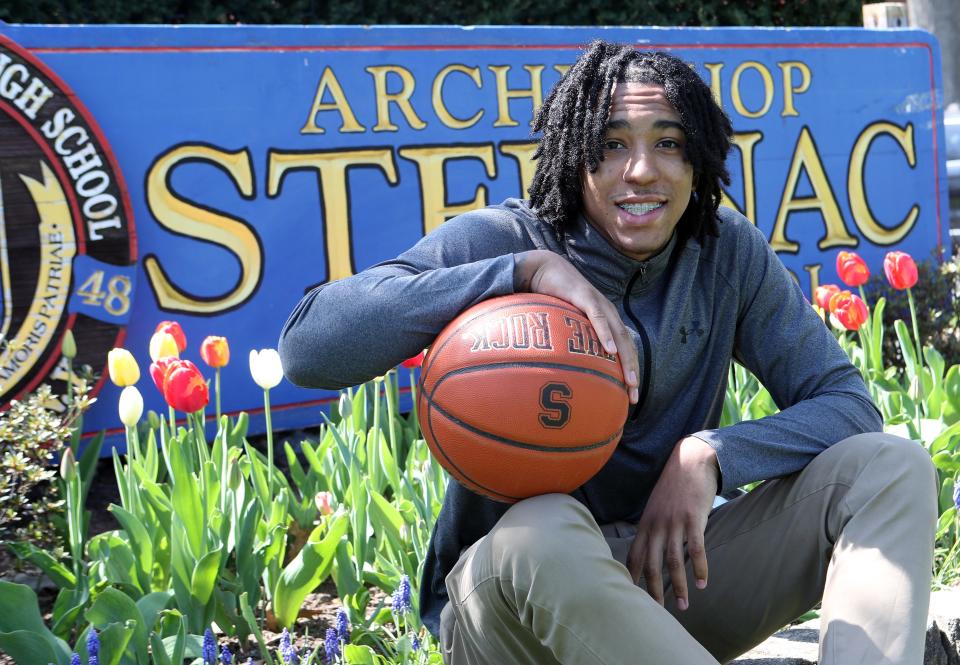 Stepinac's Boogie Fland is the Westchester/Putnam Boys Basketball Player of the Year. He is photographed at Stepinac High School in White Plains April 19, 2023. 