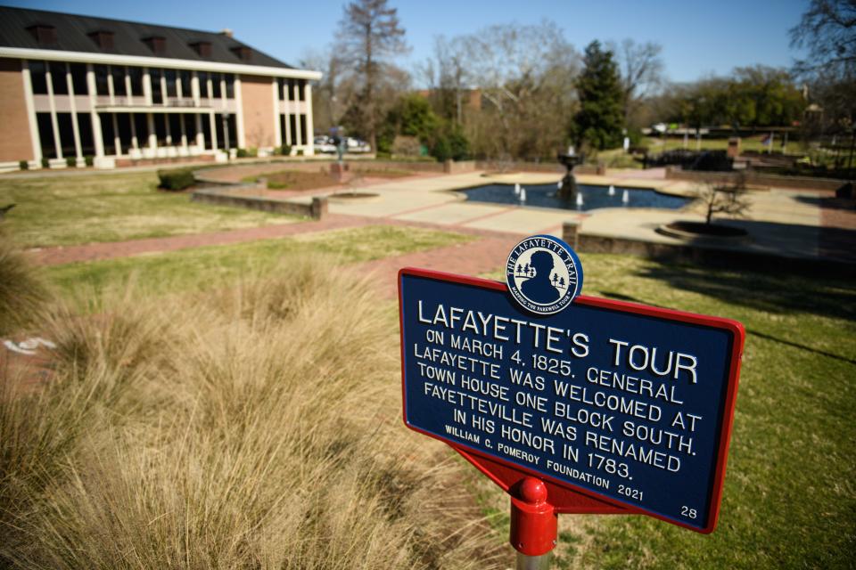 A new marker sits at the Green Street entrance of Cross Creek Linear Park commemorating Marquis de Lafayette's last visit to the city that now carries his name.