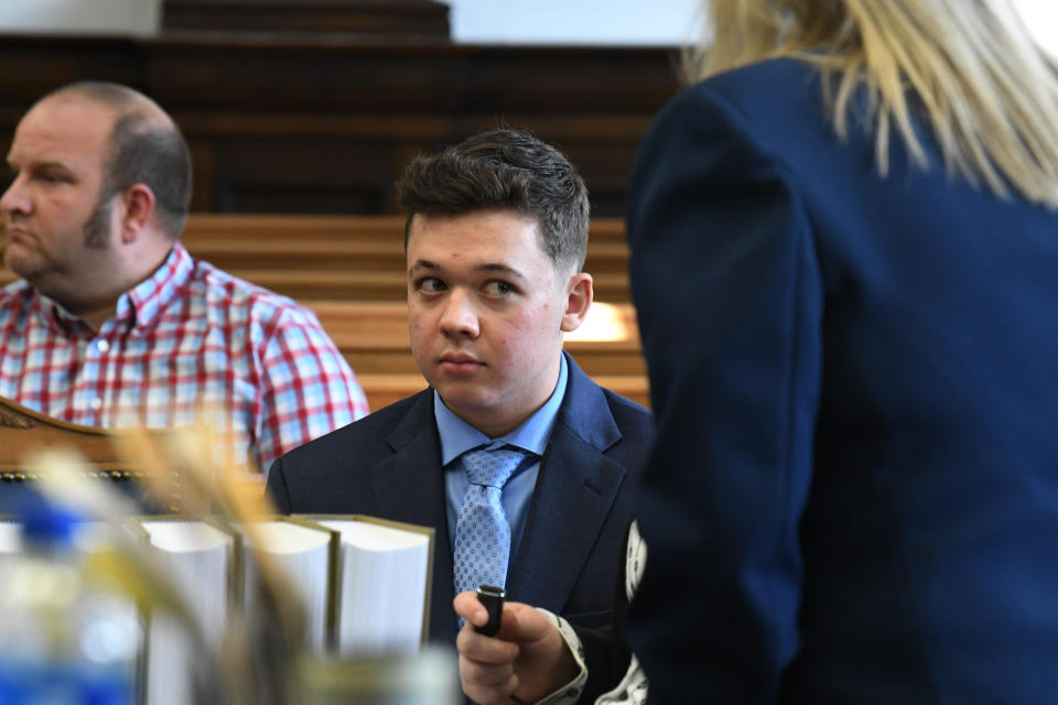 Kyle Rittenhouse appears at a pretrial hearing in Kenosha Circuit Court, Monday, Oct. 25, 2021, in advance of his trial which is scheduled to begin Nov. 1, in Kenosha, Wis. Rittenhouse shot three people, killing two of them, during a protest against police brutality in Kenosha in August 2020. (Mark Hertzberg/Pool Photo via AP)