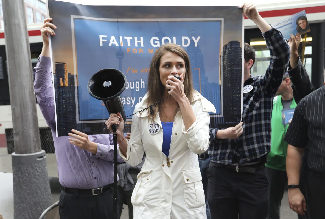 Canadian white nationalist Faith Goldy laments white &ldquo;replacement&rdquo; in a new video. (Photo: Richard Lautens via Getty Images)