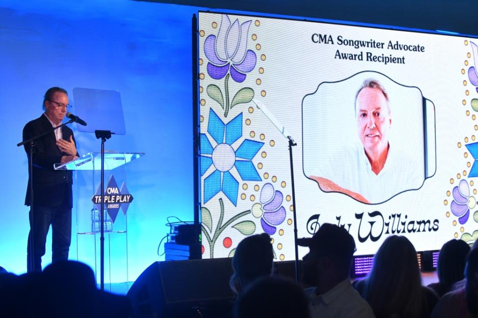 NASHVILLE, TENNESSEE - MARCH 01: Jody Williams speaks during the 13th CMA Triple Play Awards at Saint Elle on March 01, 2023 in Nashville, Tennessee. (Photo by Jason Davis/Getty Images)