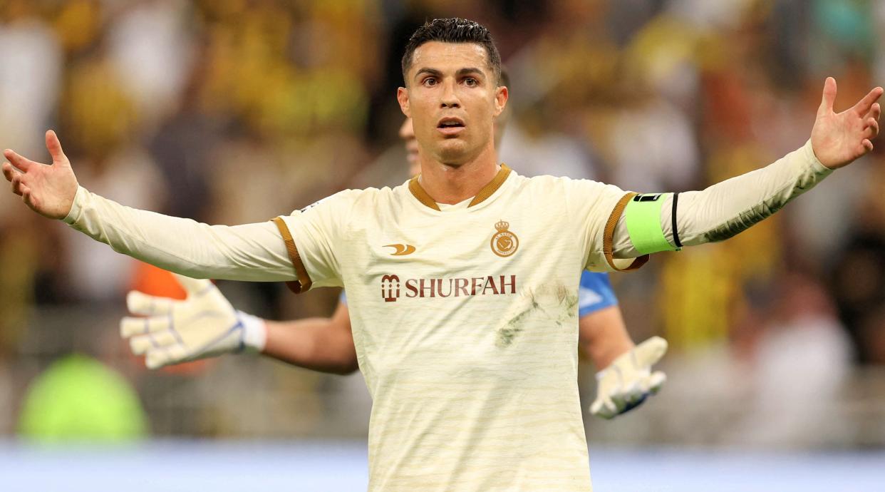  Cristiano Ronaldo of Al-Nassr gestures during the Saudi Pro League match between Al-Ittihad and Al-Nassr at the King Abdullah Sport City Stadium on March 9, 2023 in Jeddah, Saudi Arabia. 