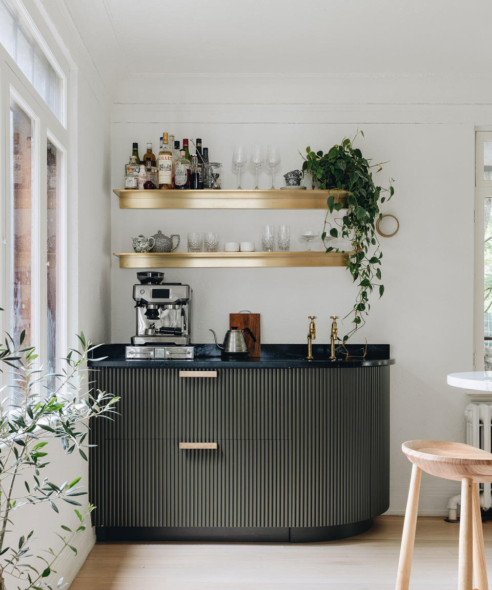 1. Install floating shelves to display coffee making essentials