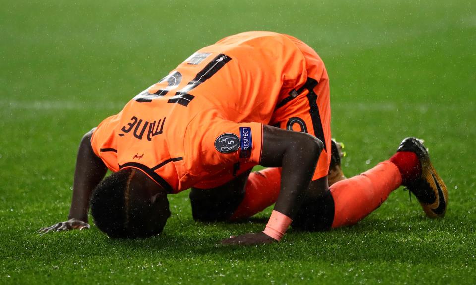 Sadio Mané celebrates scoring Liverpool’s third goal against Porto.