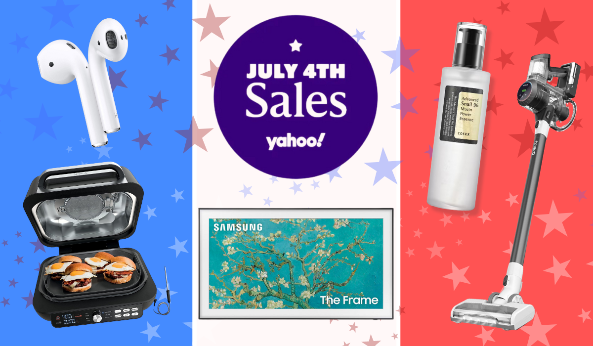 Apple AirPods, Ninja Foodi grill, Samsung Frame TV, CosRx Snail Mucin Serum and Tineco stick vacuum alongside badge reading July 4th Sales Yahoo!