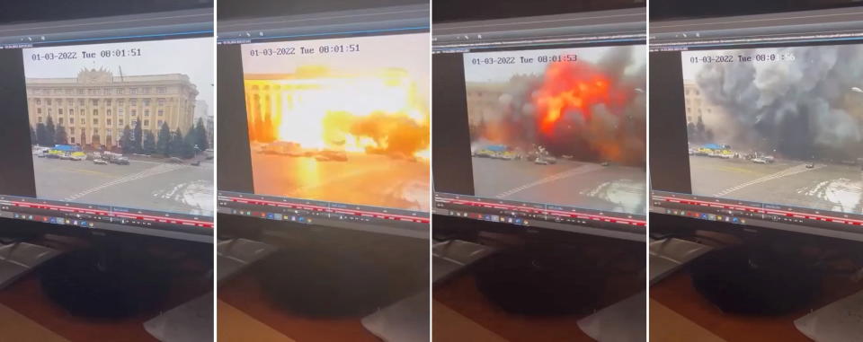 Combination picture shows a monitor displaying a projectile striking the regional state administration building, as the Russian invasion continues, in Kharkiv, Ukraine March 1, 2022 in this still image obtained from social media video. State Emergency Services of Ukraine via REUTERS ATTENTION EDITORS - THIS IMAGE HAS BEEN SUPPLIED BY A THIRD PARTY. REUTERS WAS NOT IMMEDIATELY ABLE TO INDEPENDENTLY VERIFY THE VIDEO