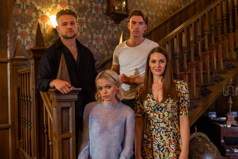 embargo 26092023 ethan williams, dilly harcourt, rafe harcourt and sienna blake in hollyoaks