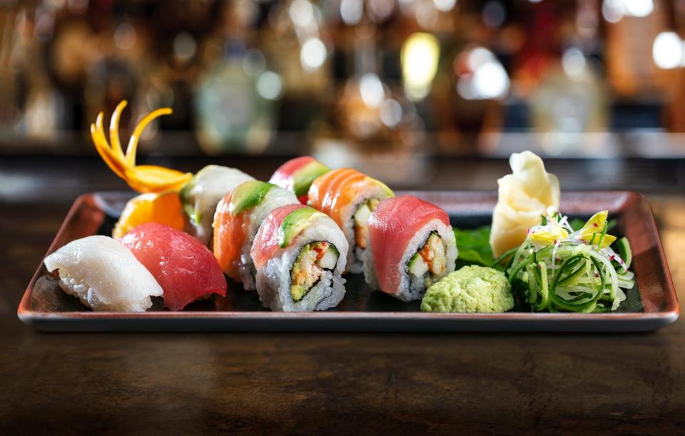 Globally influenced small plates at HMF include sushi and sushi rolls.