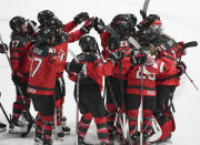 Canada's celebrates its shutout win over Czechia at the IIHF Women's World championships hockey tournament in Utica, N.Y., Sunday, April 7, 2024. (Christinne Muschi/The Canadian Press via AP)