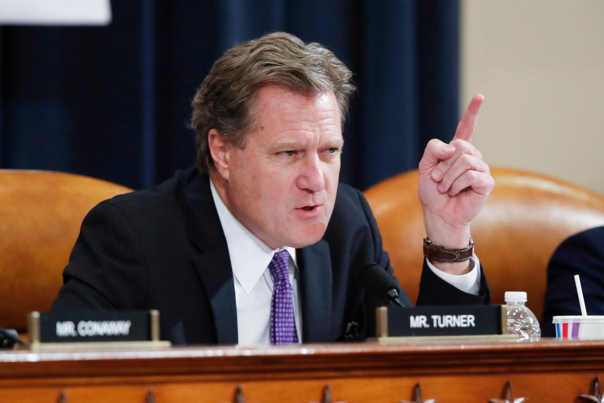 Rep. Mike Turner, R-Ohio, speaks during a House Intelligence Committee hearing on Capitol Hill in Washington, Nov. 20, 2019. Turner says he has information about a serious national security threat and urges the administration to declassify the information so the U.S. and its allies can openly discuss how to respond. Turner, a Republican from Ohio, gave no details about the threat in his statement.
