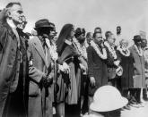 Civil rights demonstrators led by Dr Martin Luther King (5th R), make their way from Selma to Montgomery on March 22, 1965 in Alabama, on the third leg of the Selma to Montgomery marches, after the first march 15 days earlier was attacked by police