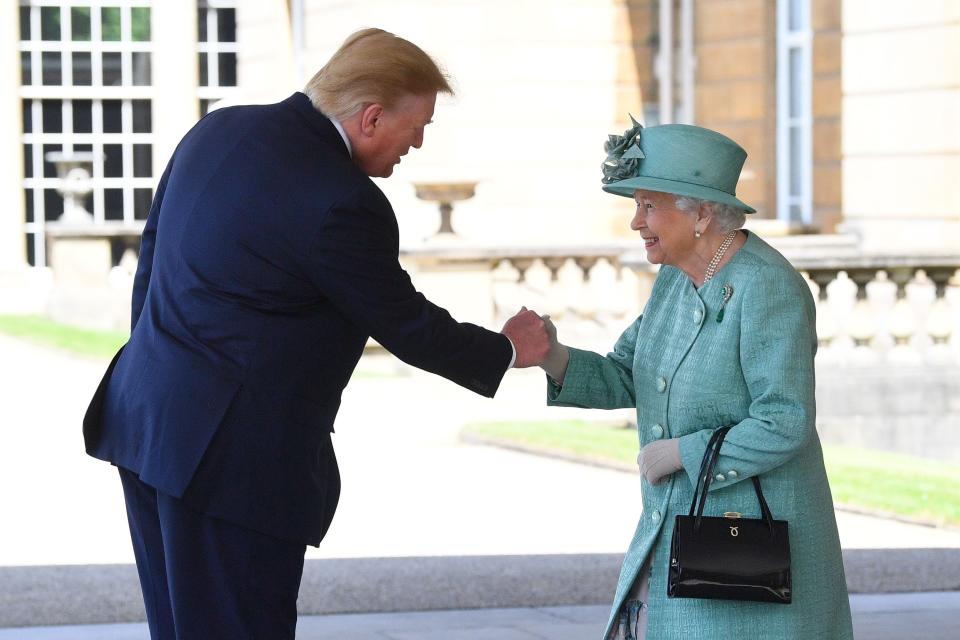 President Donald Trump is greeted by Queen Elizabeth II at Buckingham Palace on June 3, 2019 in London, England. President Trump's three-day state visit will include lunch with the Queen, and a State Banquet at Buckingham Palace, as well as business meetings with the Prime Minister and the Duke of York, before travelling to Portsmouth to mark the 75th anniversary of the D-Day landings.