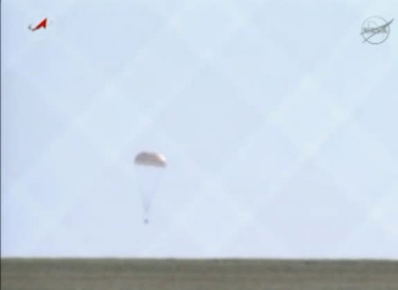 A Russian Soyuz TMA-07M spacecraft carrying the International Space Station's three-man Expedition 35 crew is seen just before landing in this video still from the touchdown on May 14, 2013 (May 13 EDT) on the steppes of Kazakhstan.