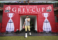 VANCOUVER, CANADA - NOVEMBER 27: Chris Cvetkovic #50 of the Winnipeg Blue Bombers walks onto the field prior to the start the CFL 99th Grey Cup against the BC Lions November 27, 2011 at BC Place in Vancouver, British Columbia, Canada. (Photo by Jeff Vinnick/Getty Images)