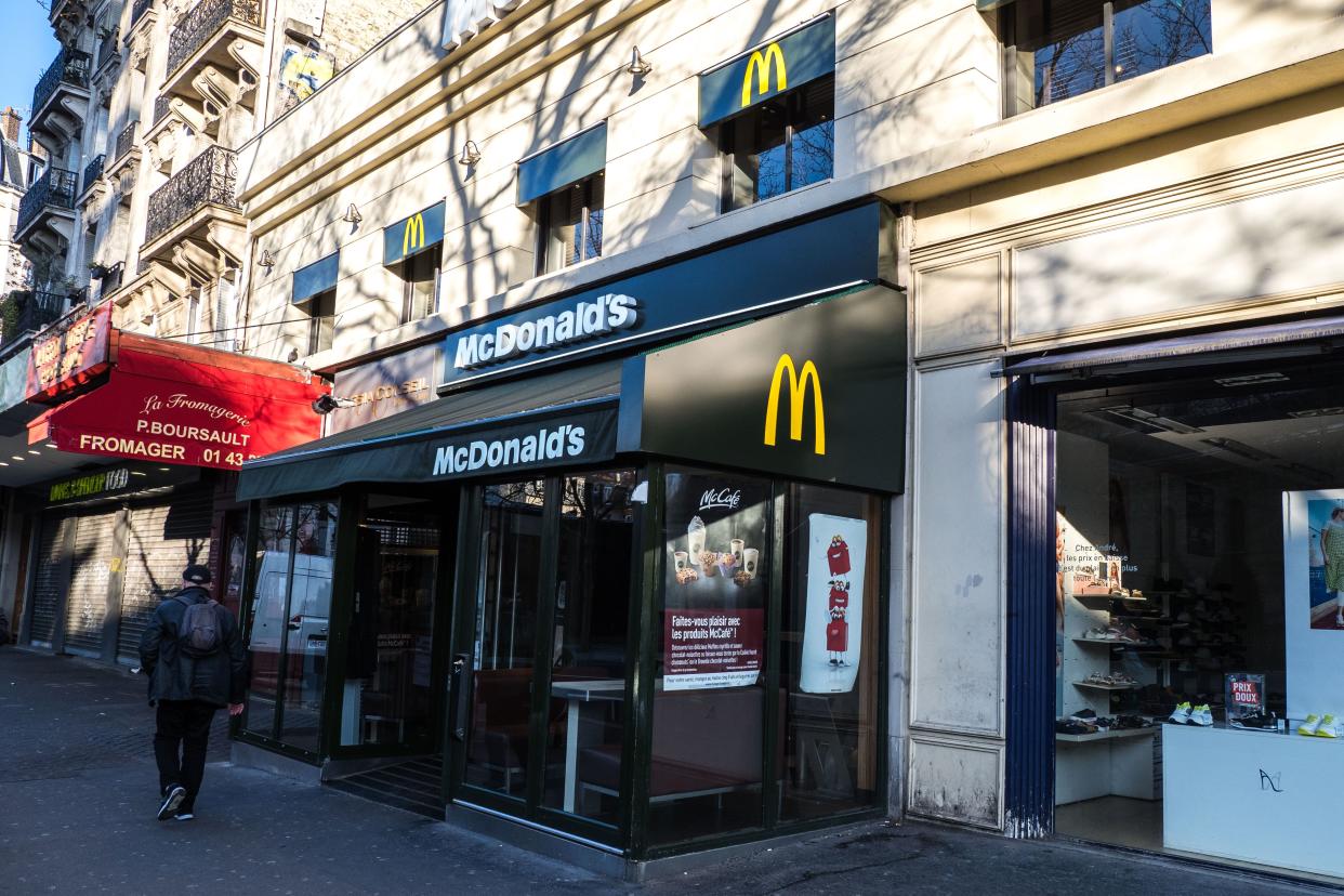 General view of a McDonald's restaurant, in the 14th quarter of Paris, on March 15, 2020 in Paris, France.