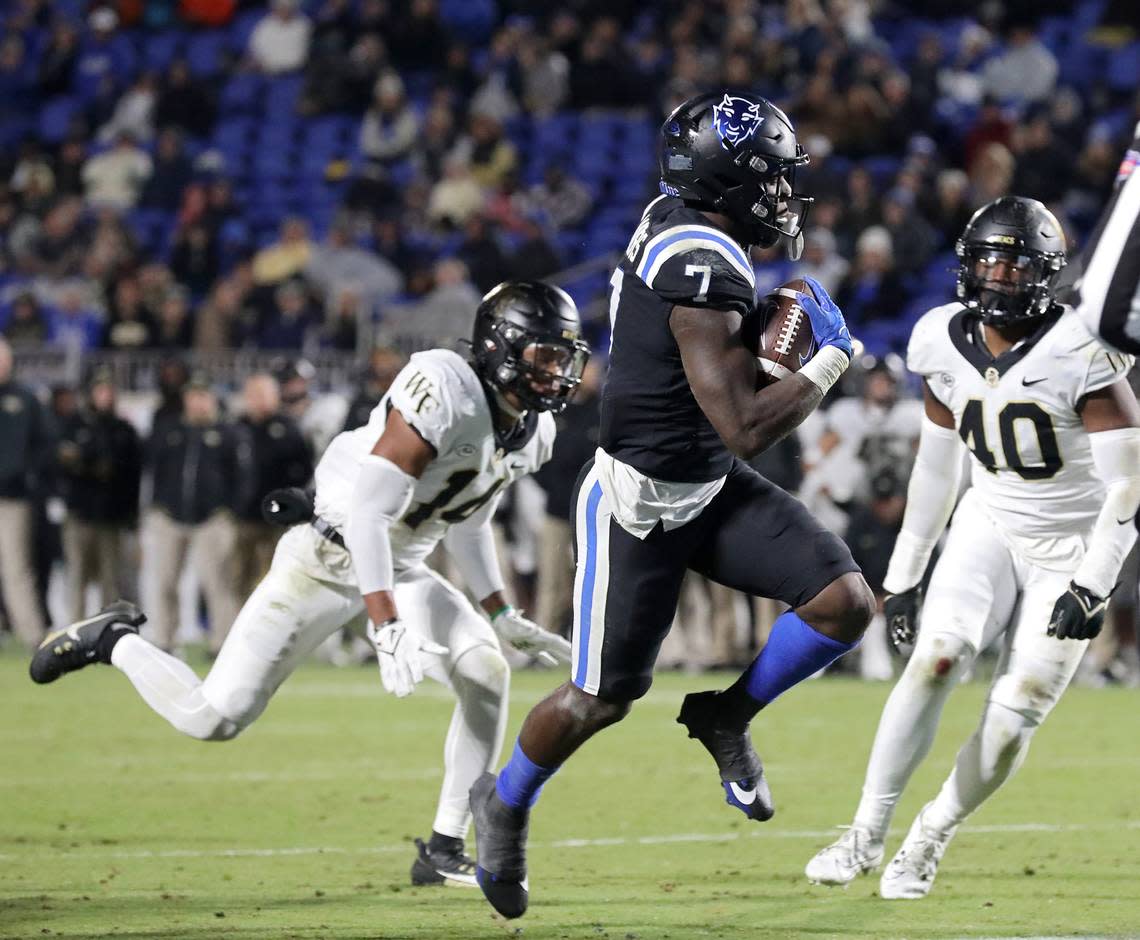 Duke’s Jordan Waters runs into the end zone for a touchdown during the first half of the Blue Devils’ game against Wake Forest on Thursday, Nov. 2, 2023, at Wallace Wade Stadium in Durham, N.C.