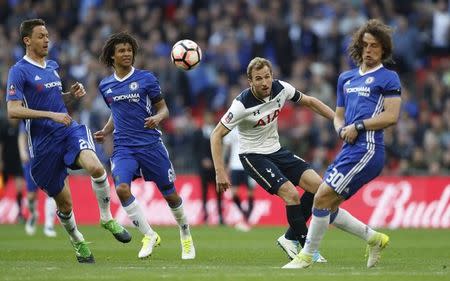 Britain Soccer Football - Tottenham Hotspur v Chelsea - FA Cup Semi Final - Wembley Stadium - 22/4/17 Tottenham's Harry Kane in action with Chelsea's David Luiz, Nathan Ake and Nemanja Matic Action Images via Reuters / Carl Recine Livepic