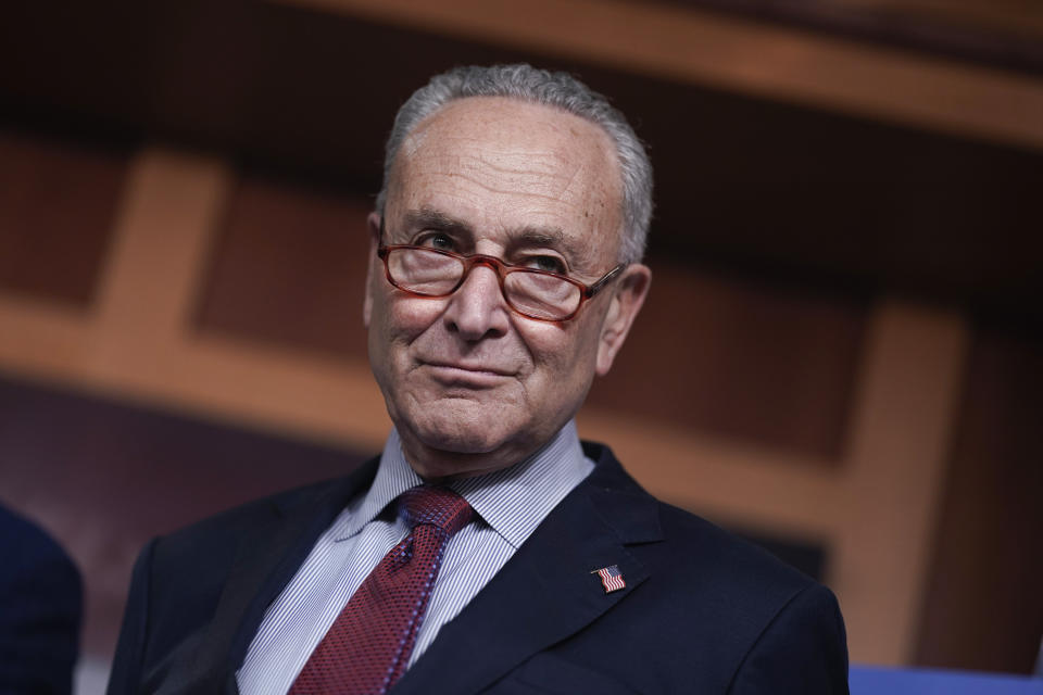 FILE -Senate Majority Leader Chuck Schumer, D-N.Y., speaks to reporters after a closed-door policy meeting, at the Capitol in Washington, Tuesday, Aug. 2, 2022. Senate Majority Leader Chuck Schumer, D-N.Y., said lawmakers had achieved a compromise “that I believe will receive the support” of all Democrats in the chamber, Thursday, Aug. 4, 2022. His party needs unanimity to move the measure through the 50-50 Senate, along with Vice President Kamala Harris' tie-breaking vote.(AP Photo/J. Scott Applewhite, File)