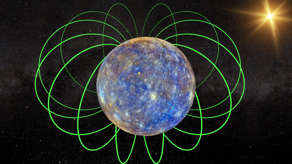     A silver and blue sphere surrounded green loops that represented magnetic field lines. 