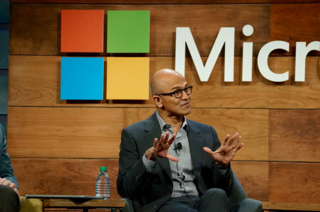 Microsoft CEO Satya Nadella at the company’s shareholders meeting in 2015. (GeekWire File Photo.)