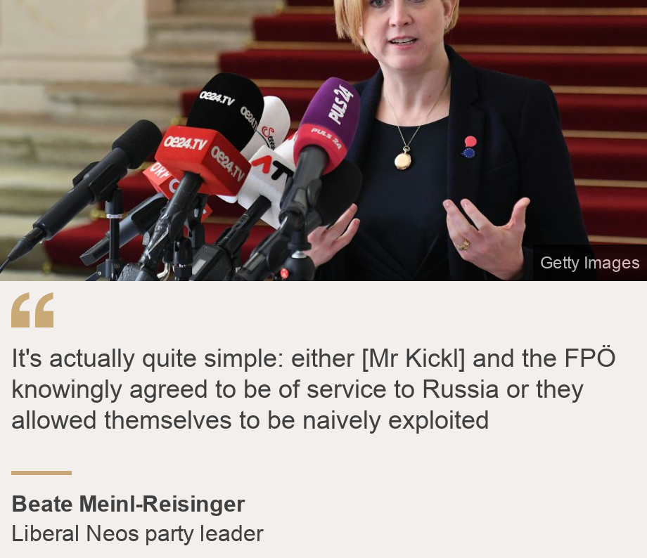 "It's actually quite simple: either [Mr Kickl] and the FPÖ knowingly agreed to be of service to Russia or they allowed themselves to be naively exploited", Source: Beate Meinl-Reisinger, Source description: Liberal Neos party leader, Image: Beate Meinl-Reisinger