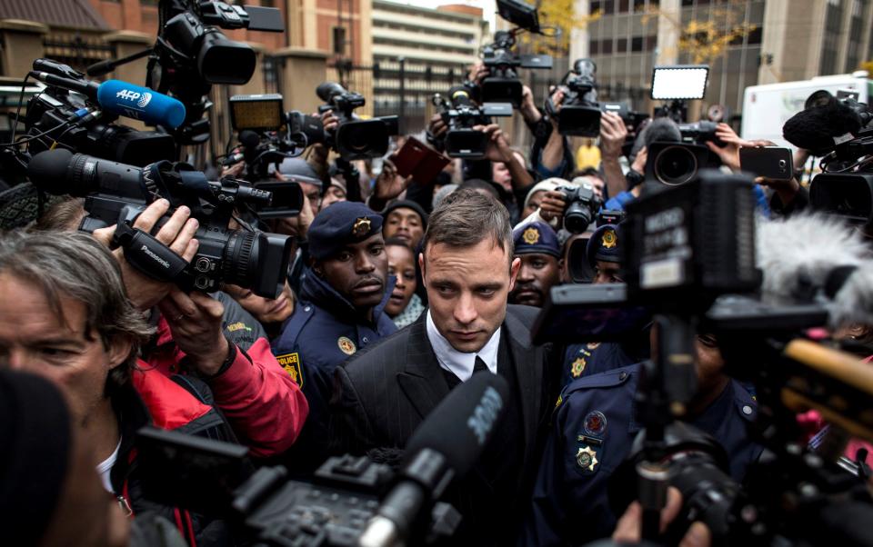 Oscar Pistorius outside court while on trial for killing his girlfriend