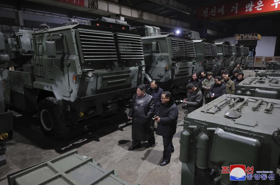 FILE - In this photo provided by the North Korean government, North Korean leader Kim Jong Un, left, inspects as he tours munitions factories on Jan. 8-9, 2024, in North Korea. Independent journalists were not given access to cover the event depicted in this image distributed by the North Korean government. The content of this image is as provided and cannot be independently verified. (Korean Central News Agency/Korea News Service via AP, File)