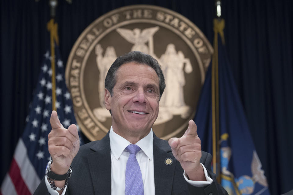 New York Gov. Andrew Cuomo speaks to reporters during a news conference, Friday, Sept. 14, 2018, in New York. After a night of unusual silence, Cuomo made his first public remarks following his victory in Thursday's Democratic primary, appearing at his office in Manhattan to talk about hurricane readiness and President Donald Trump — and, after prodding by reporters, his big win over Cynthia Nixon.(AP Photo/Mary Altaffer)