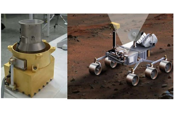 Radiation Assessment Detector. Photo of RAD flight model in the lab (left) and artwork of an older MSL rover design, showing RAD charged particle channel 65-degree field-of-view pointing towards the zenith.